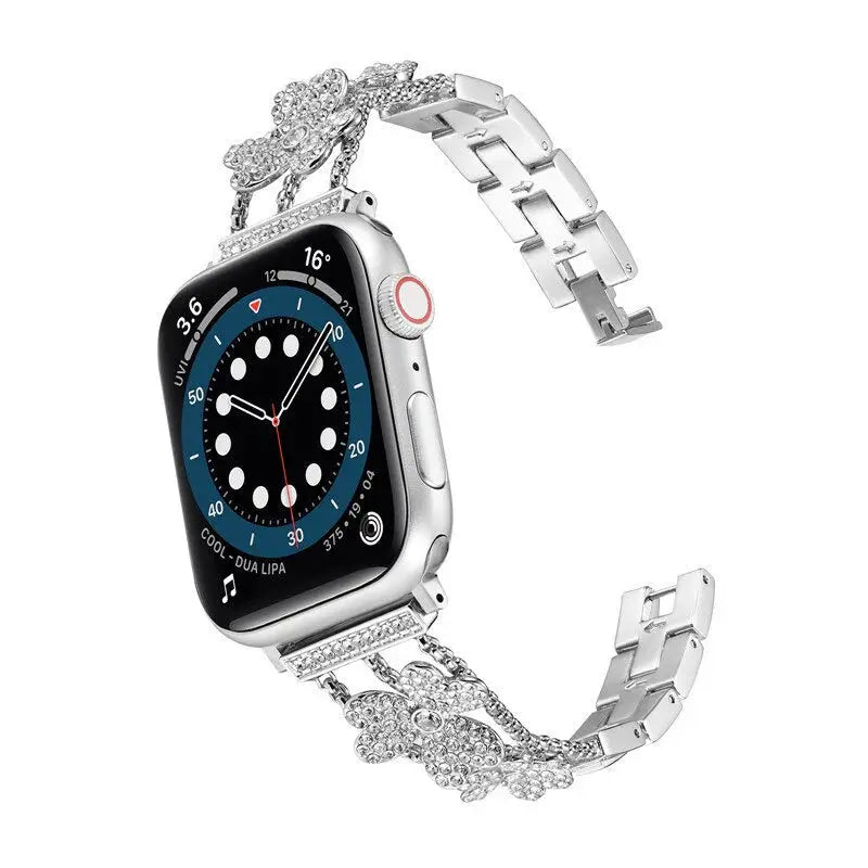 Crystal rhinestones jewellery bracelet on Apple Watch, featuring flower patterns and elegant design.