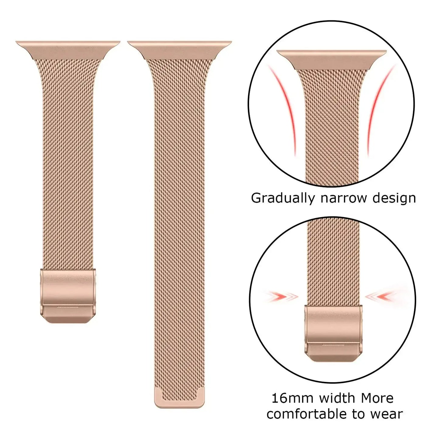 Slim Milanese Loop with Secured Clasp, adjustable 16mm stainless steel wrist band for iWatch, elegant design.