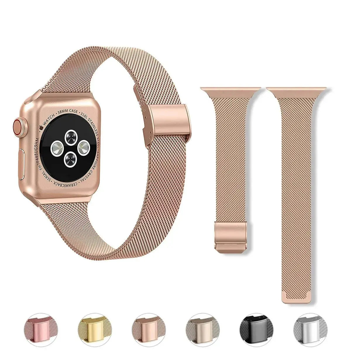 Slim Milanese Loop with Secured Clasp, premium stainless steel iWatch band in rose gold, adjustable for a perfect fit.
