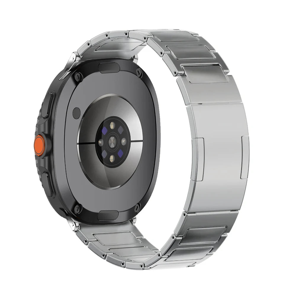 Titanium No-Gap Band for Galaxy Watch 9 and Galaxy Watch 9 and Watch 8/8 Classic/Ultra 2 and 1 displayed on the watch's back for seamless fit and style.