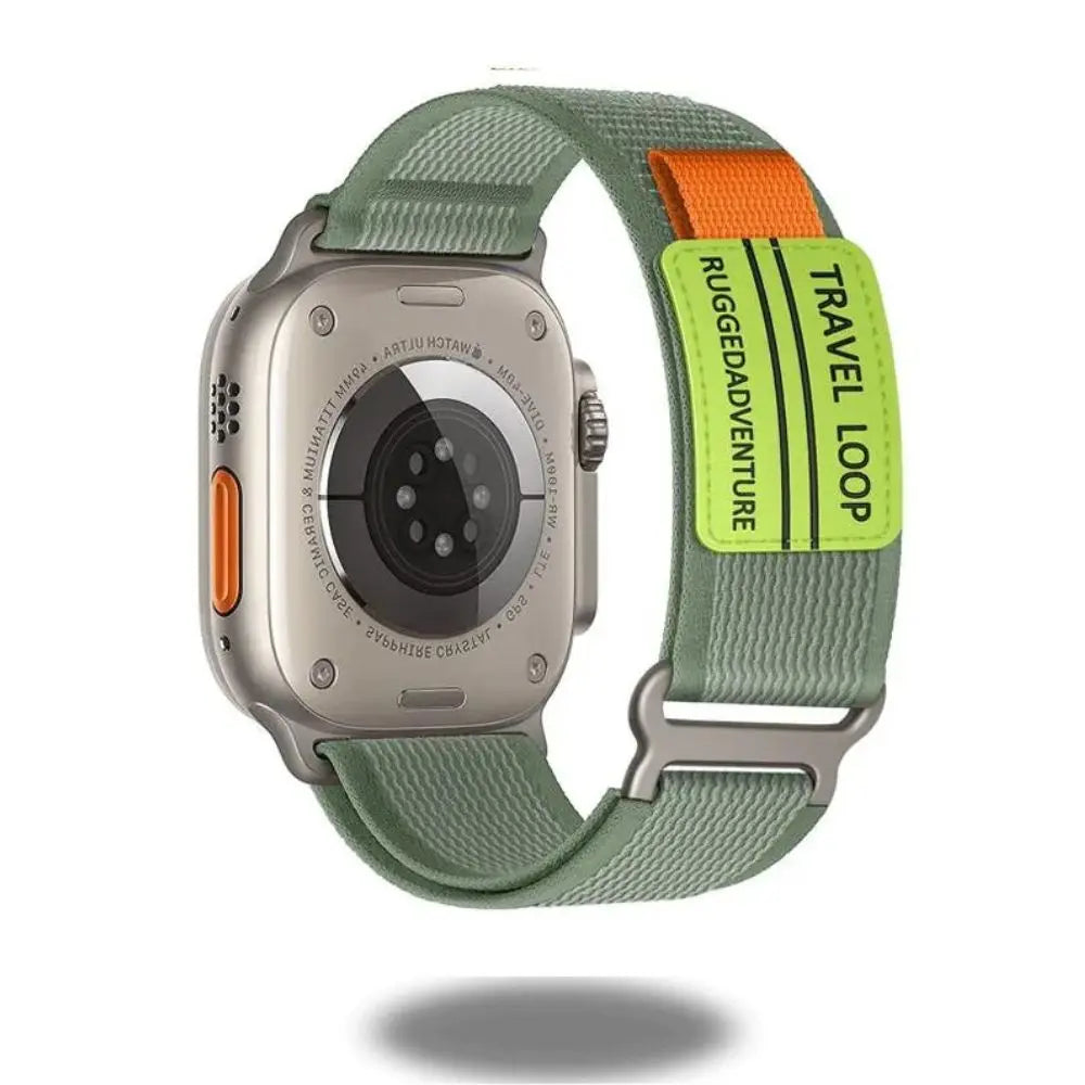 Stylish Travel Loop for Apple Watch in green with adjustable stainless steel loop for a rugged adventure.