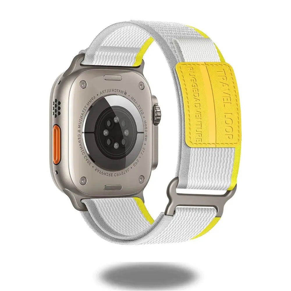 Travel Loop for Apple Watch in stylish white and yellow design with adjustable stainless steel loop for better fit.