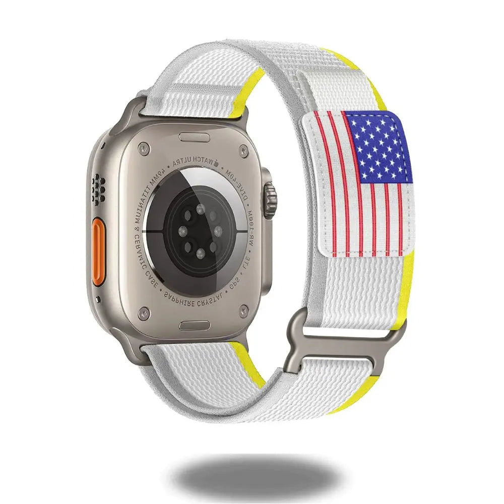 Stylish Travel Loop for Apple Watch with USA flag design and adjustable stainless steel loop for a rugged look.