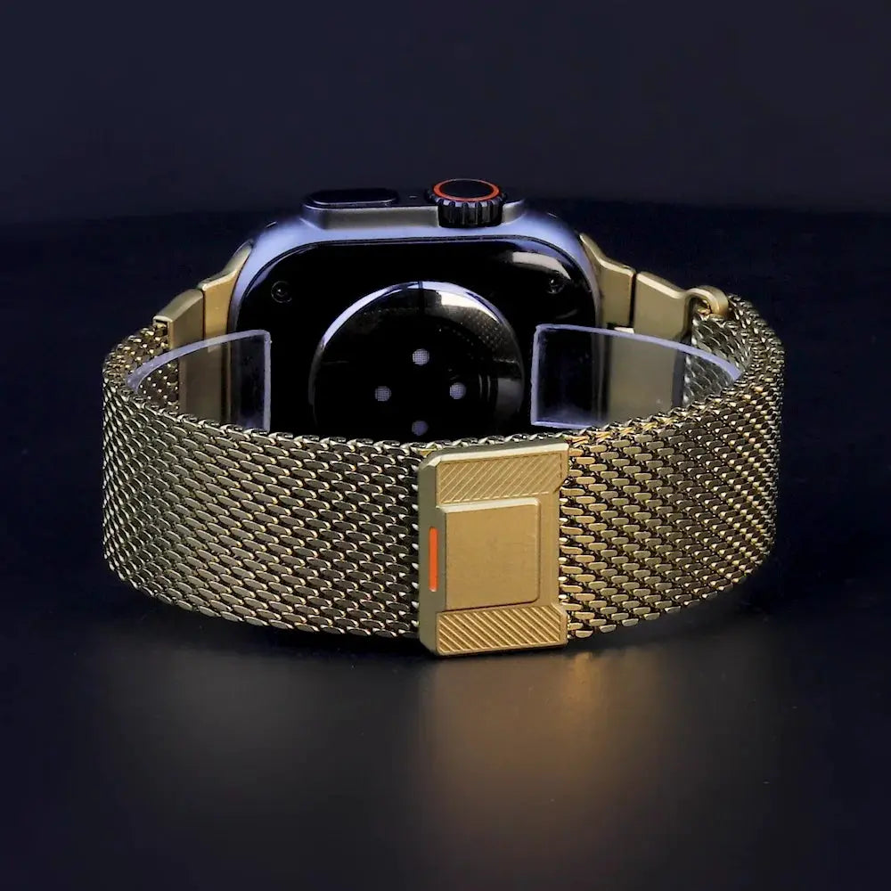 Upgraded Milanese Mesh Loop for Apple Watch in gold, showcasing its stylish woven design and comfortable fit.