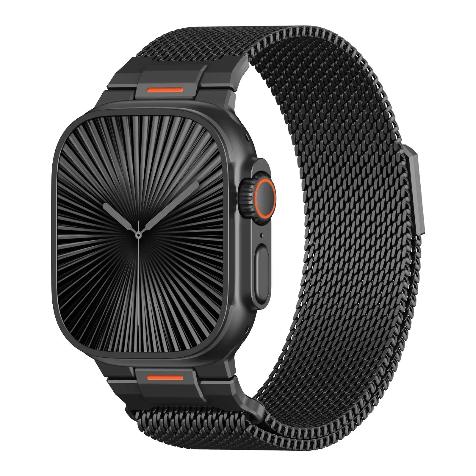 Upgraded Milanese Mesh Loop for Apple Watch in black, featuring a sleek woven design and elegant fitness style.