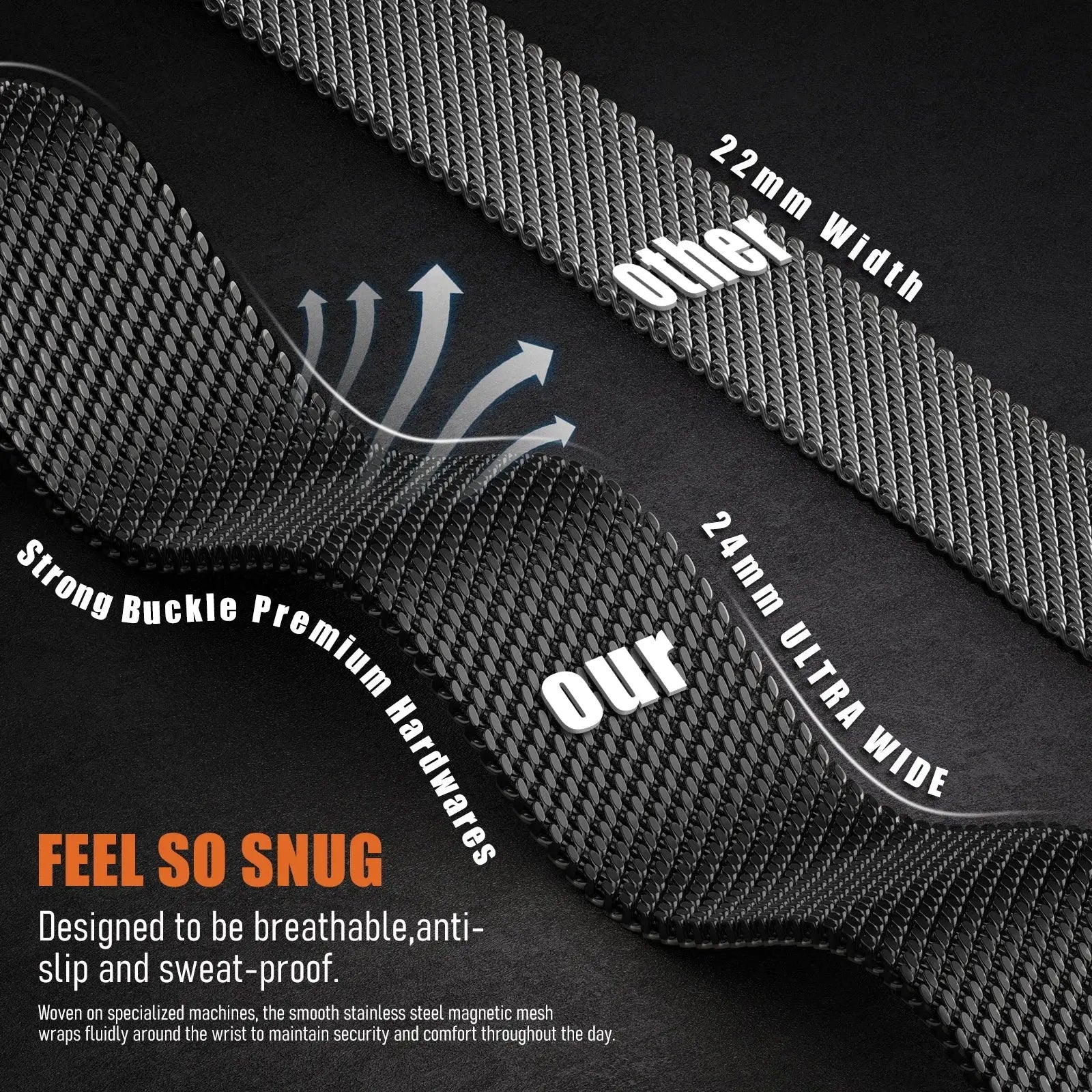 Upgraded Milanese Mesh Loop comparing 22mm vs 24mm width, showcasing breathable, anti-slip design for Apple Watch.