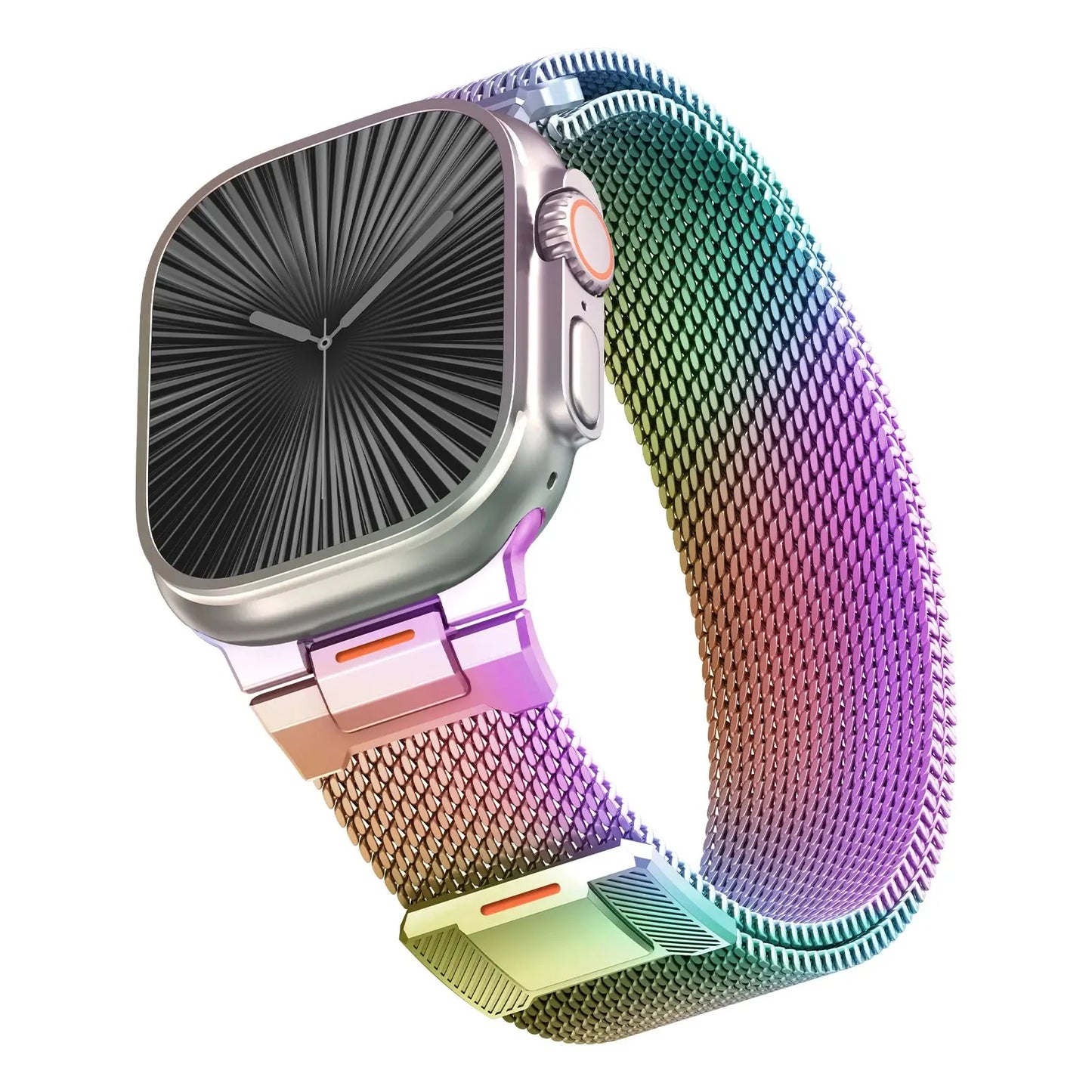 Upgraded Milanese Mesh Loop for Apple Watch in rainbow colors, combining style, elegance, and comfort.