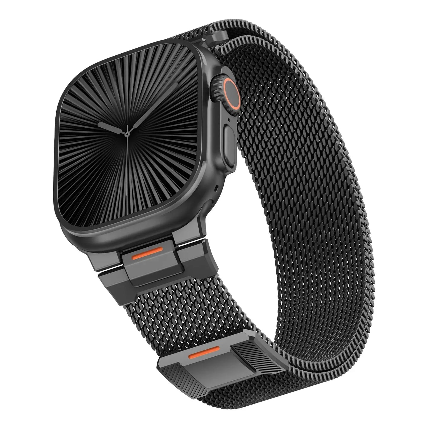 Sleek black Milanese mesh loop for Apple Watch, combining style and comfort with high-quality stainless steel.