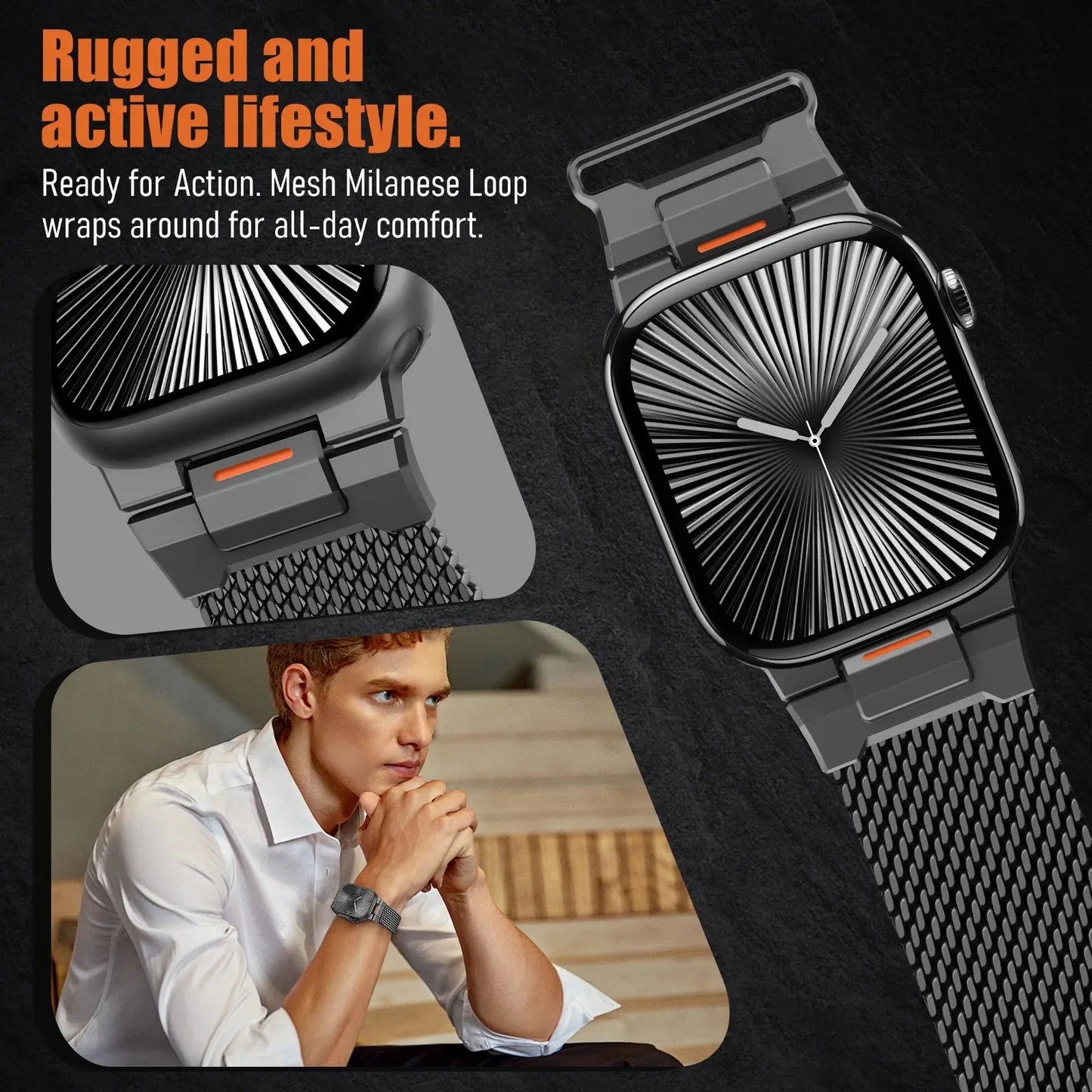 Stylish Milano Mesh Loop for Apple Watch showcasing rugged design and all-day comfort in an active lifestyle setting.