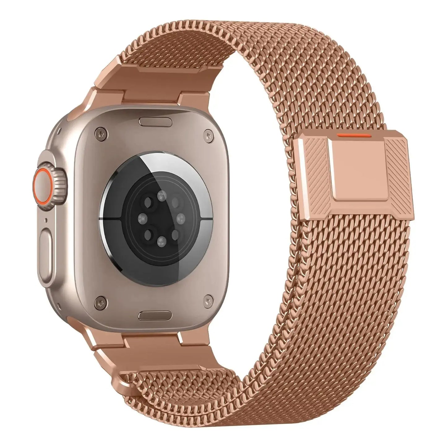 Upgraded Milanese Mesh Loop for Apple Watch in rose gold, showcasing sleek woven design and functional elegance.