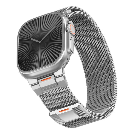 Upgraded Milanese Mesh Loop for Apple Watch in stainless steel, showcasing sleek woven design and elegant functionality.
