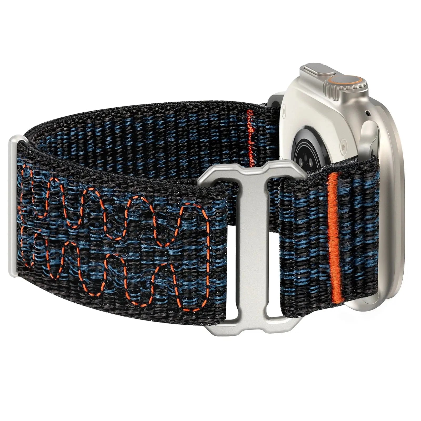 Upgraded Sport Loop Band for Apple Watch with black and blue nylon material and orange stitching, compatible with various iWatch models.
