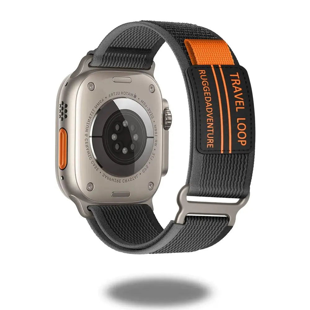 Stylish Travel Loop for Apple Watch with adjustable stainless steel band, designed for adventure and rugged use.