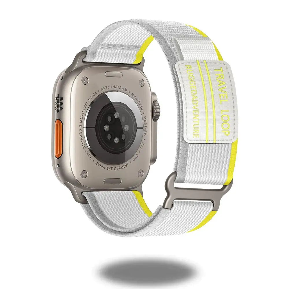 Stylish Travel Loop for Apple Watch with adjustable stainless steel fastener, designed for adventurers.