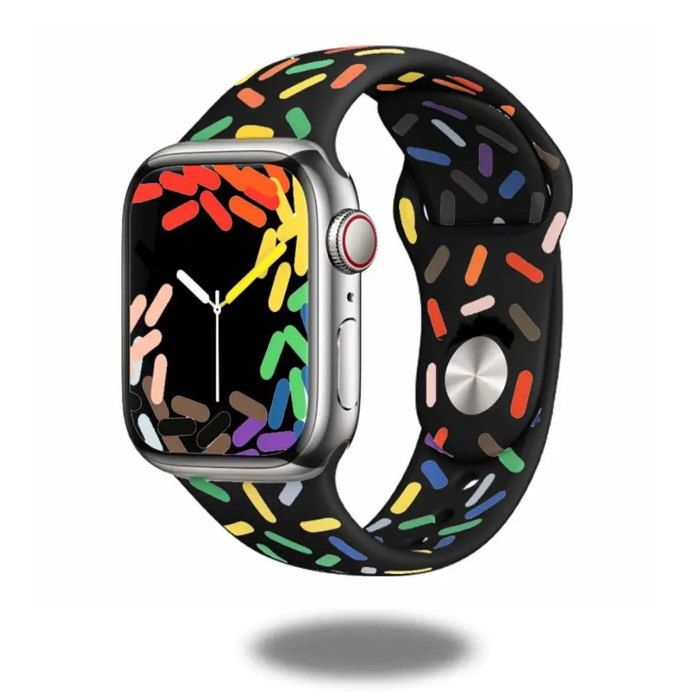 Colorful Pride silicon sports band on smartwatch, showcasing joyful design with vibrant patterns for outdoor activities.