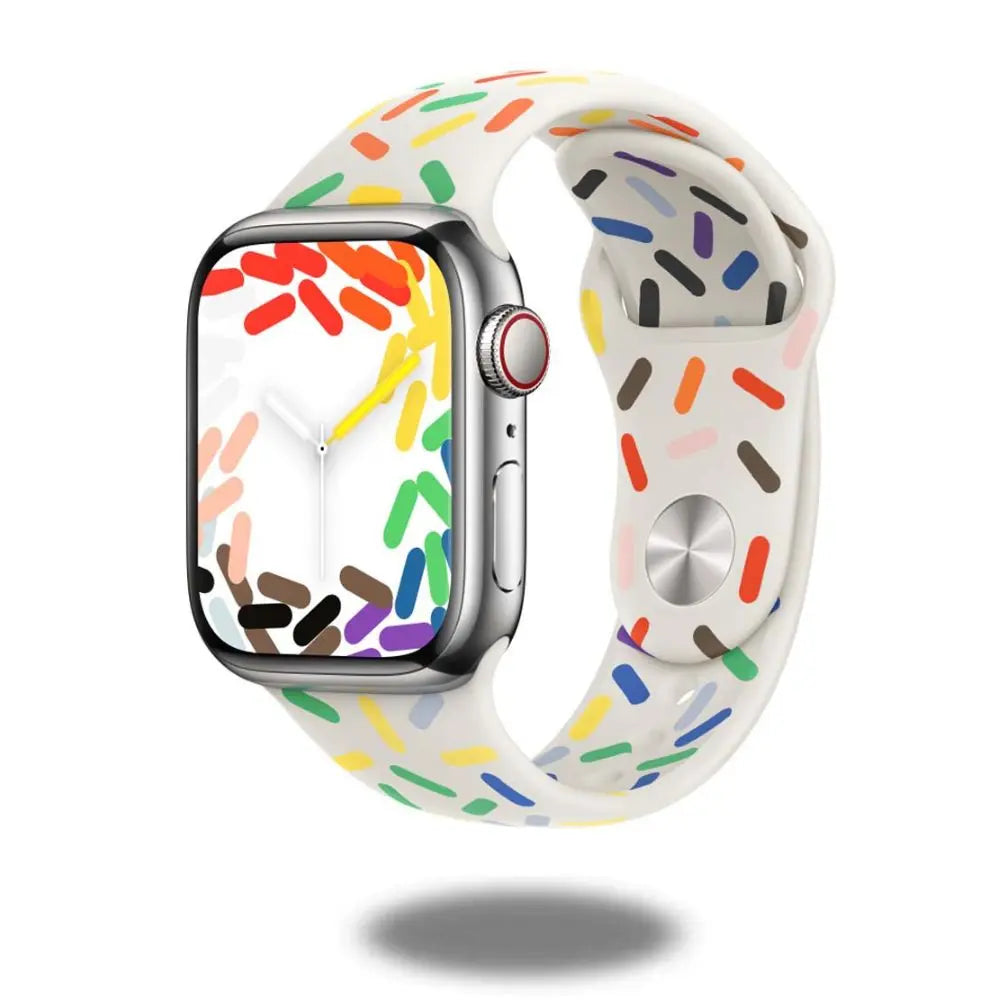 Colorful Pride silicone sports band on smartwatch with joyful design, ideal for outdoor activities and fitness.