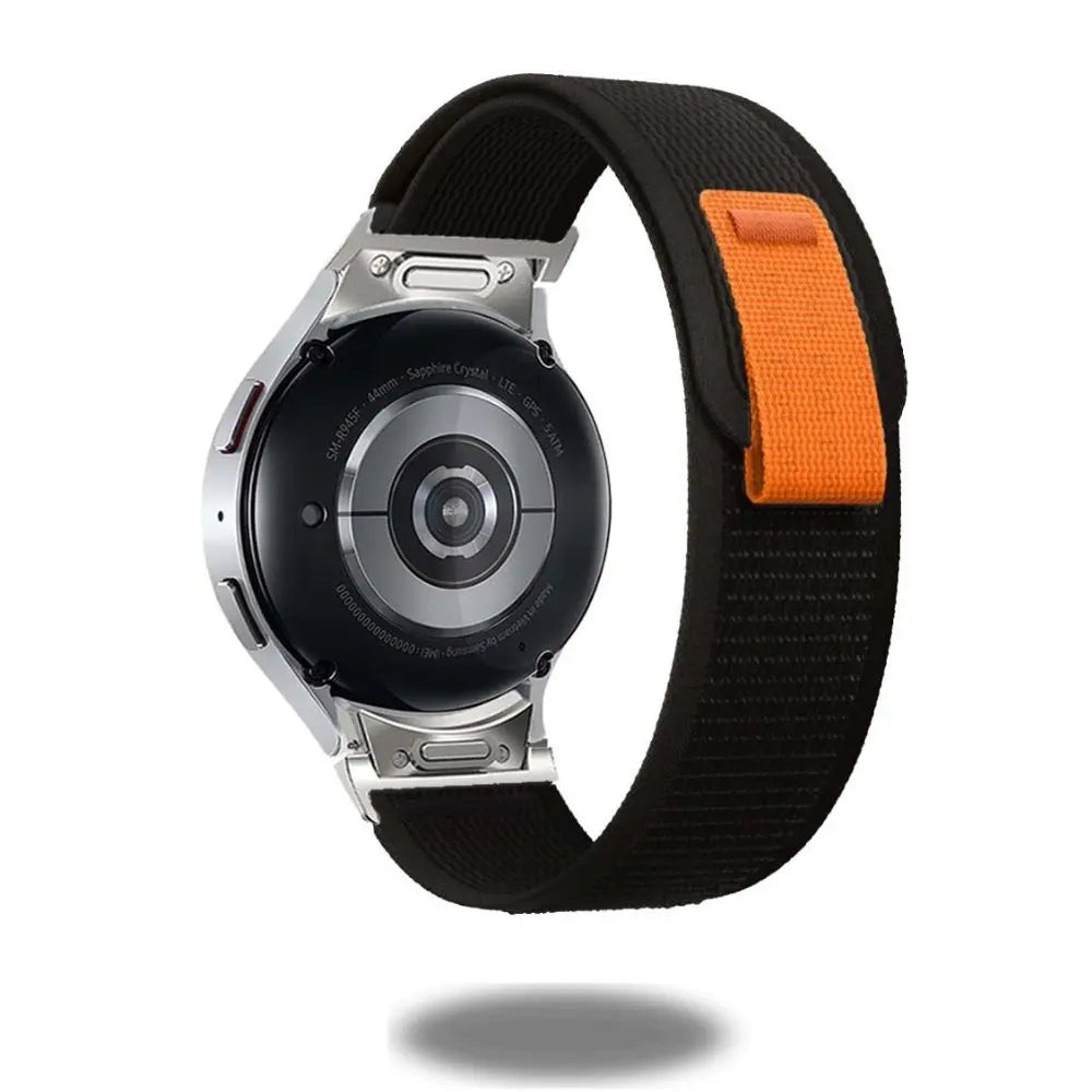 No Gaps Trail Loop for Samsung Galaxy Watch featuring breathable nylon band with orange detail for comfort and style.