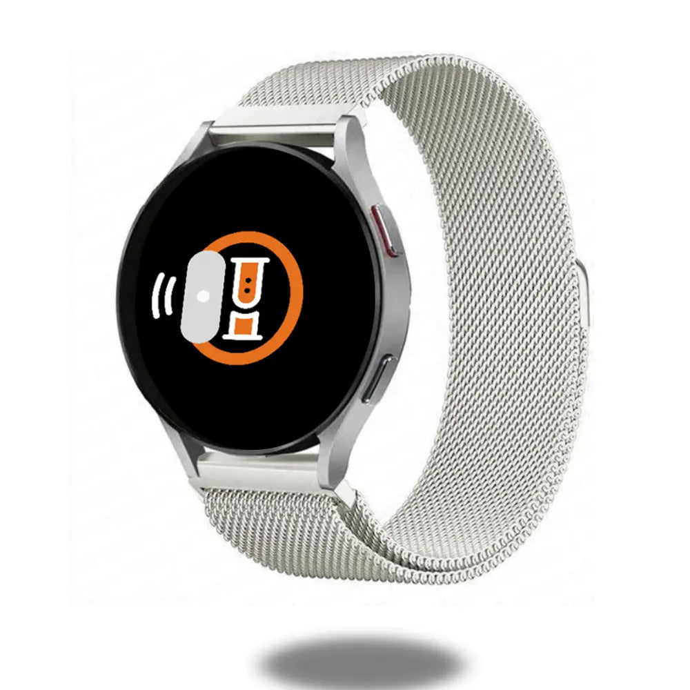 Magnetic Milanese Loop watch strap in silver, compatible with 20mm and 22mm smartwatch sizes.