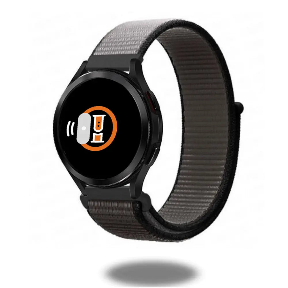 Lightweight nylon sports loop band in black, adjustable with hook-and-loop fastener for a breathable smartwatch fit.