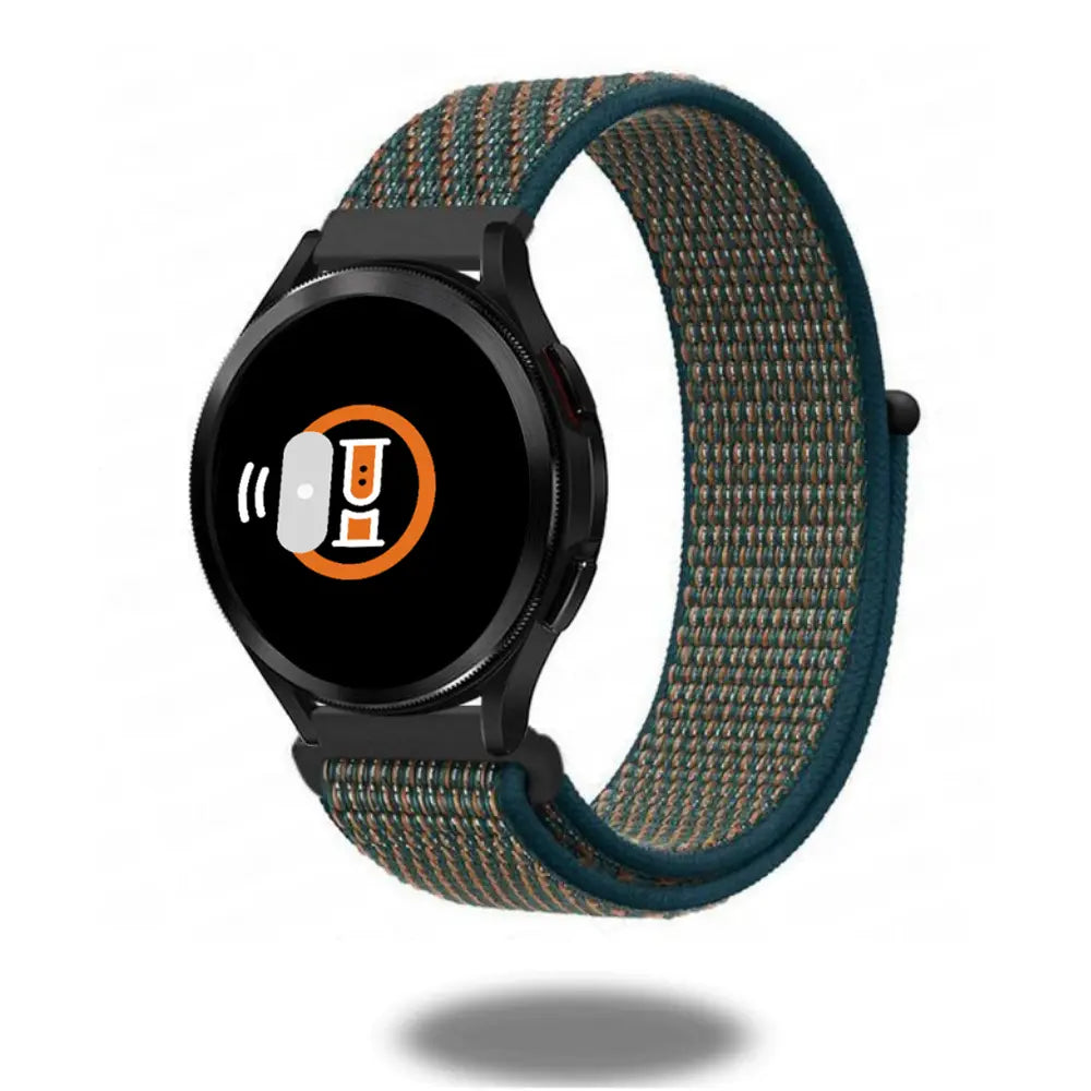 Nylon sports loop band on smartwatch, breathable and lightweight, features hook-and-loop fastener and durable design.