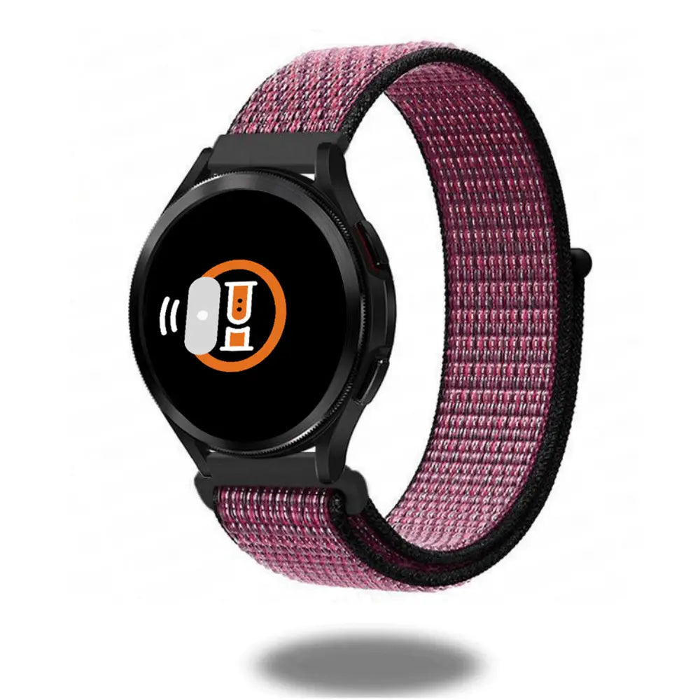 Lightweight nylon sports loop band in pink, featuring breathable material and adjustable hook-and-loop fastener for smartwatches.