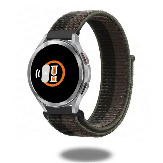 Nylon sport loop band for smartwatches, breathable and lightweight, featuring hook-and-loop fastener for easy adjustment.