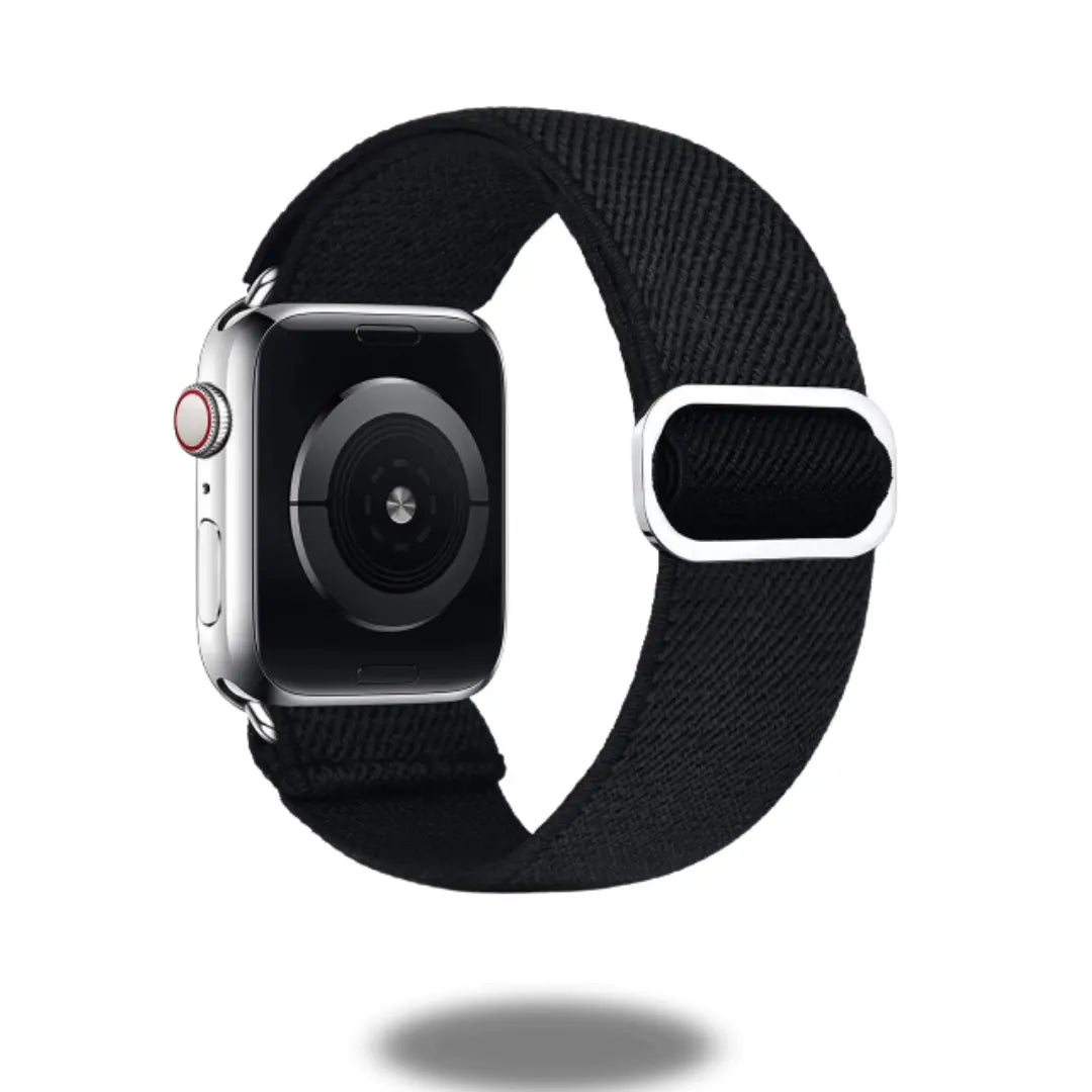 Adjustable Bohemian elastic band in black, handmade for unique style and comfort on smartwatch.