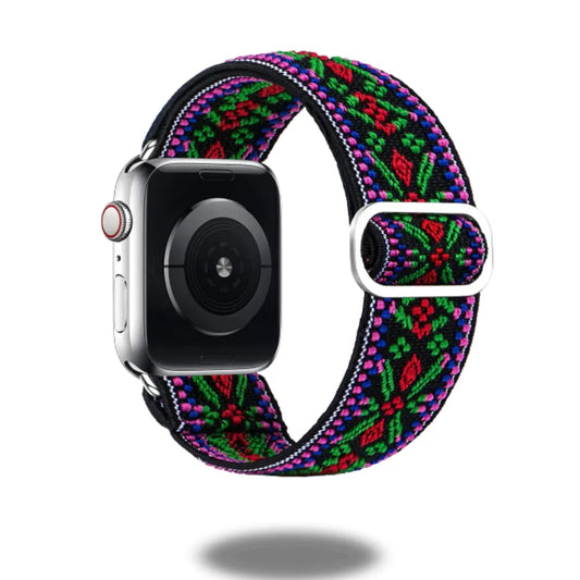 Adjustable Bohemian elastic band for smartwatches with unique handmade designs and vibrant patterns.