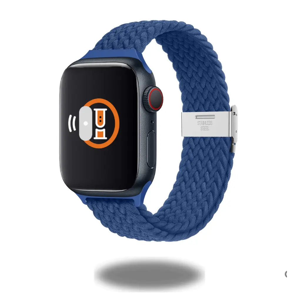 Adjustable slim braided solo loop watch band in blue with stainless steel buckles and elastic material.