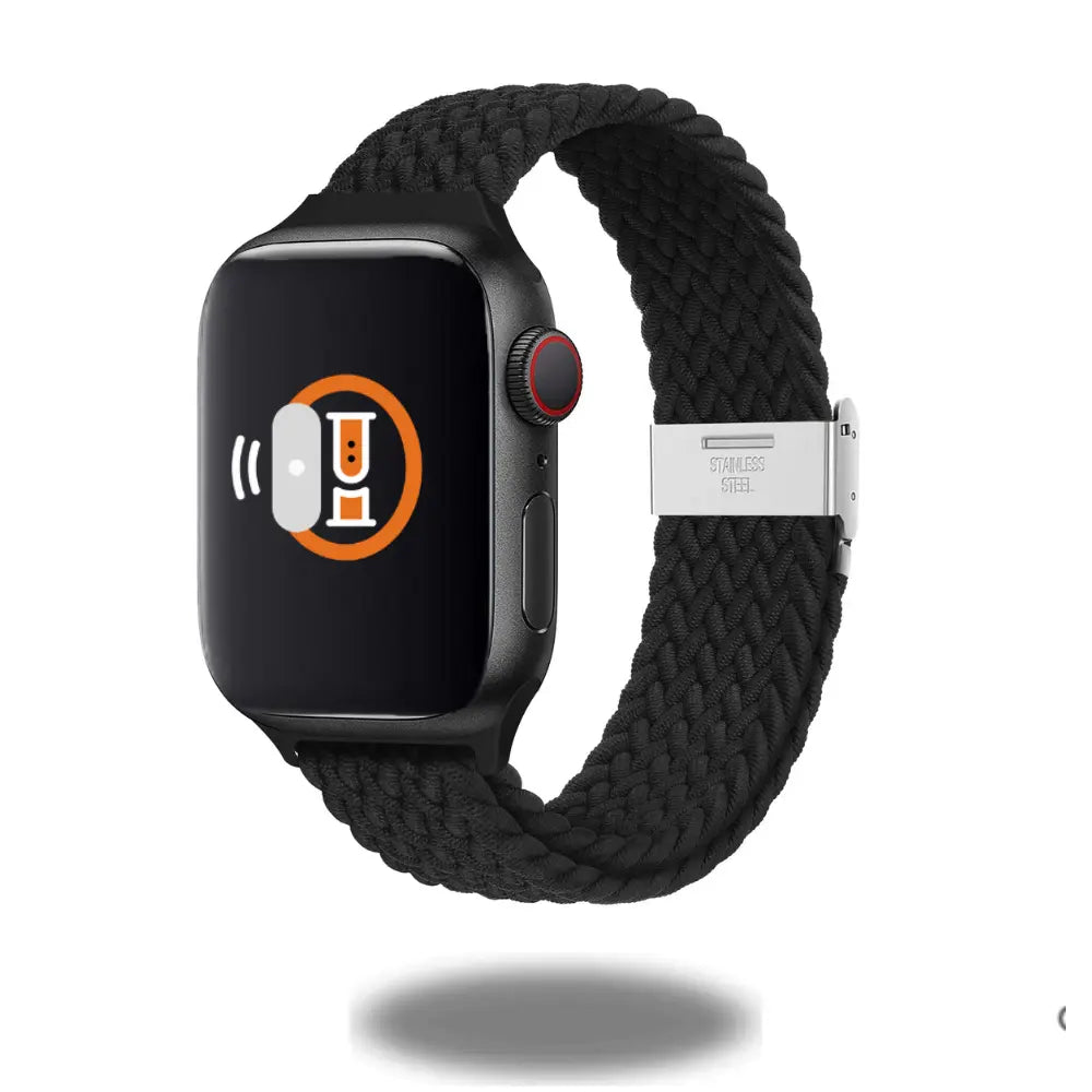 Adjustable slim braided solo loop watch band with stretchy elastic and stainless steel buckle for Apple Watch.