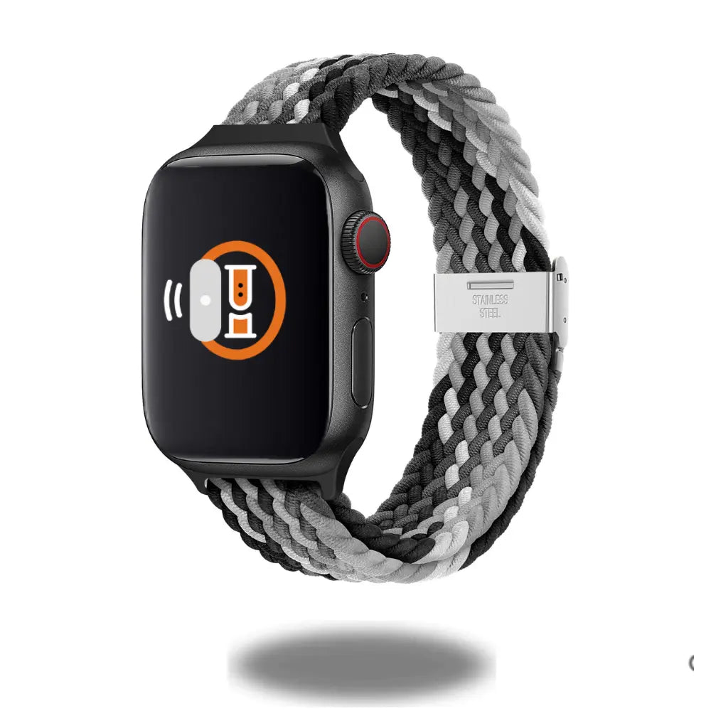 Adjustable slim braided solo loop watch band in gray and black with stainless steel buckle, perfect for fitness and style.