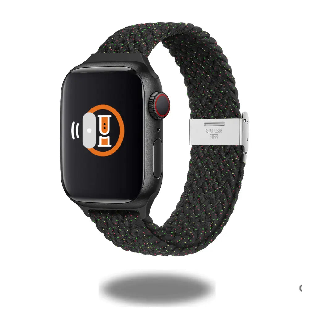 Adjustable slim braided solo loop watch band with stainless steel buckle, made from recycled materials, stylish and elastic.