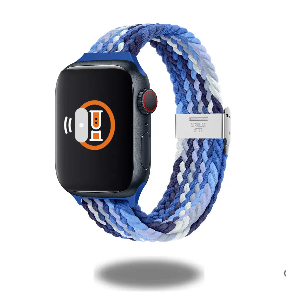 Adjustable slim braided solo loop band for smartwatch in blue, designed for comfort and style, made from recycled materials.