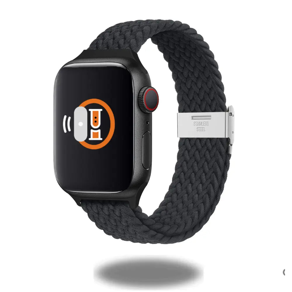 Adjustable slim braided solo loop watch band in black, featuring a stainless steel buckle and stretchy, skin-friendly material.