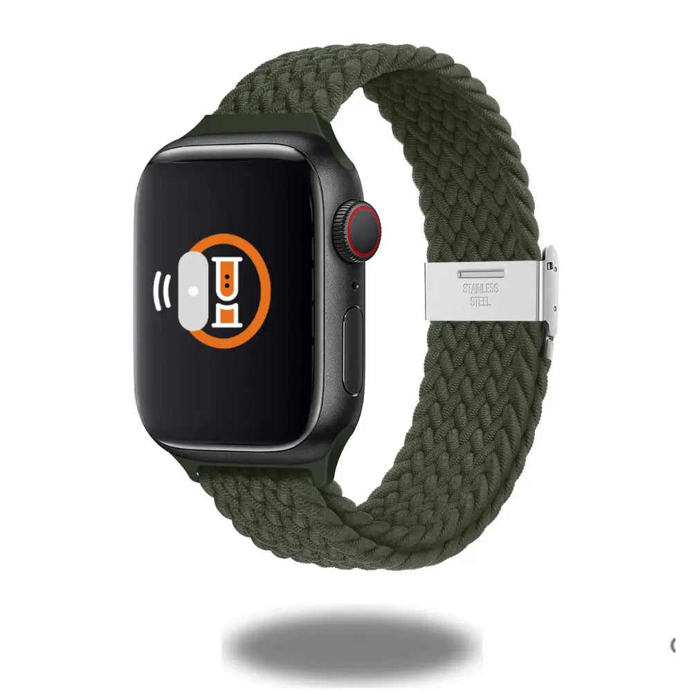 Adjustable slim braided solo loop watch band in green, featuring stainless steel buckle and elastic material for comfort.