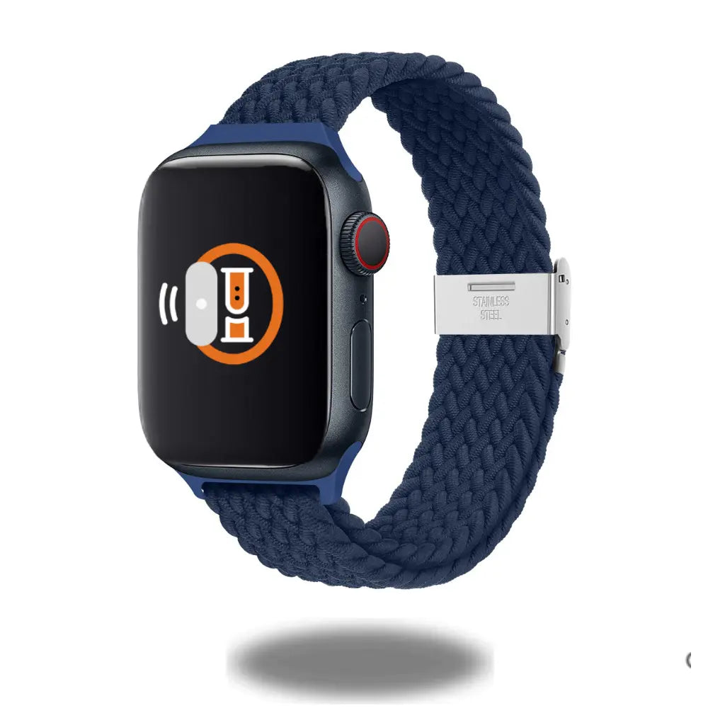 Adjustable slim braided solo loop watch band in navy blue with stainless steel buckle, perfect for stylish and secure wear.