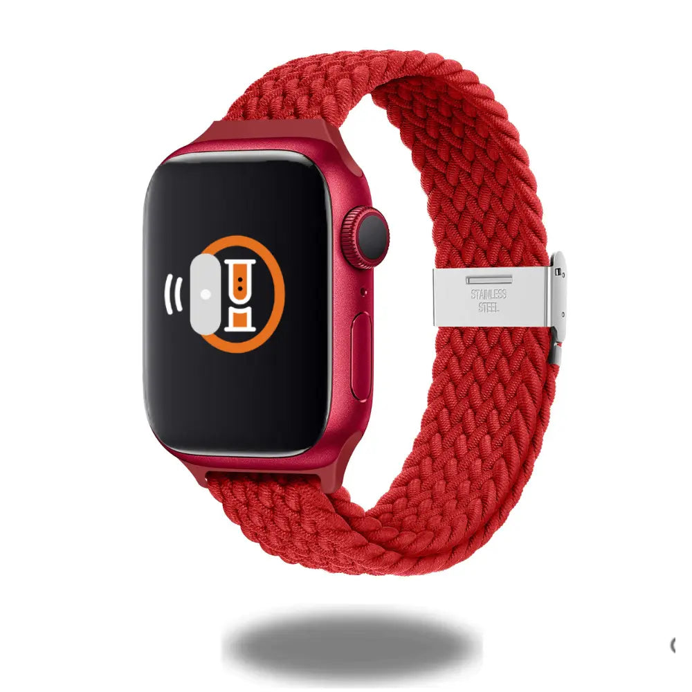 Adjustable slim braided solo loop watch band in red, featuring stylish stainless steel buckle and stretchy, skin-friendly material.