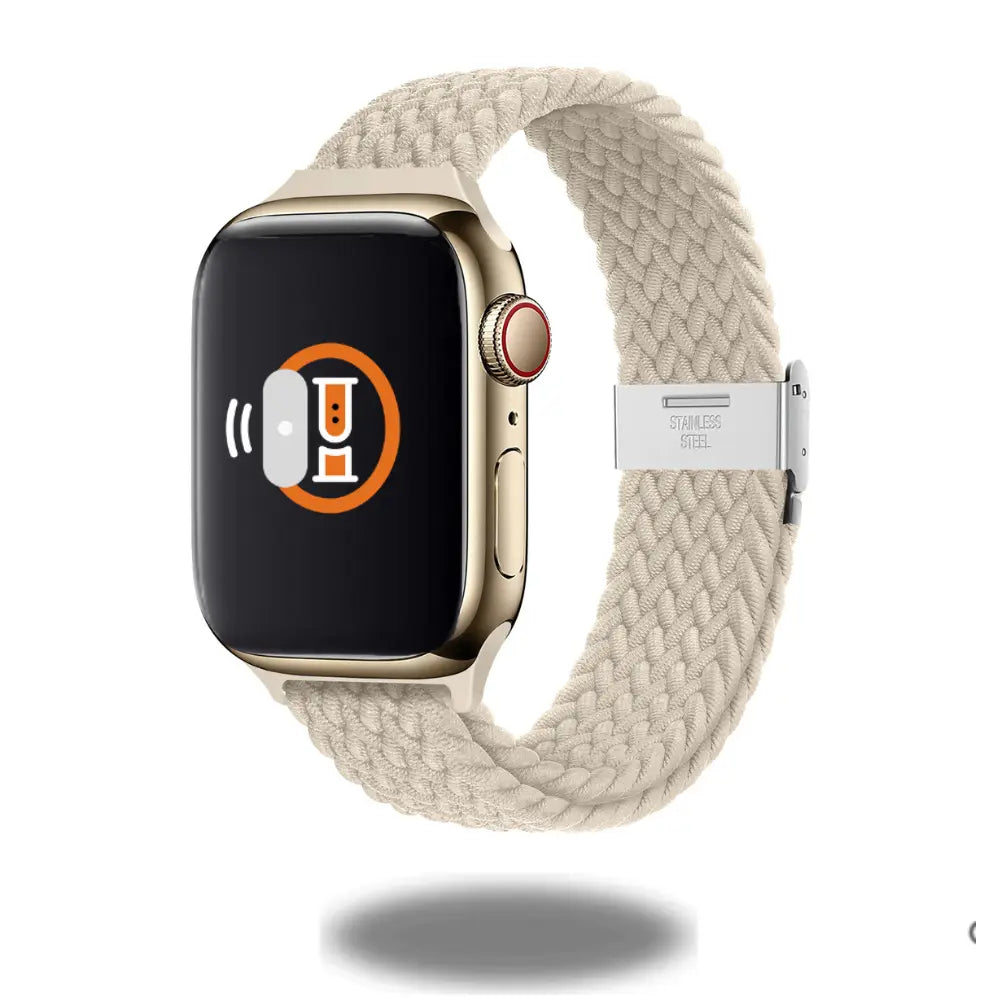 Adjustable Slim Braided Solo Loop in beige with stainless steel buckle for stylish, secure Apple Watch fit.