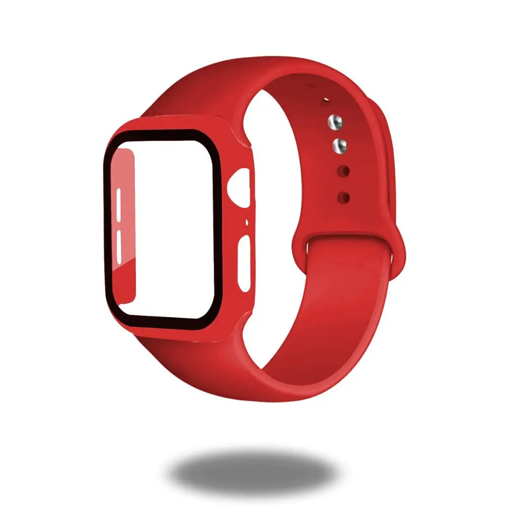 Red silicon band with protective case for Apple Watch, providing full coverage and easy access to controls.