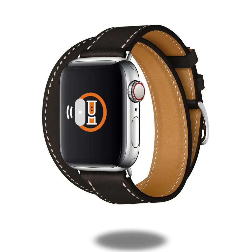 Double Tour Leather Bracelet for Apple Watch in brown with cream stitching, showcasing a stylish equestrian design.
