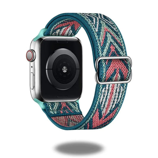 Colorful stretchy elastic strap for Apple Watch, featuring a unique woven pattern for style and comfort.
