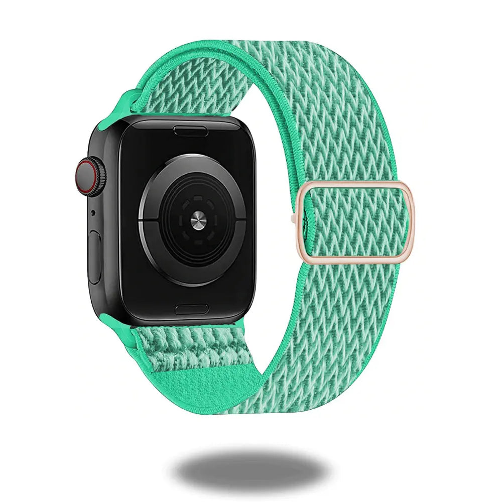 Stretchy elastic apple watch band in turquoise with a unique woven pattern for style and comfort.