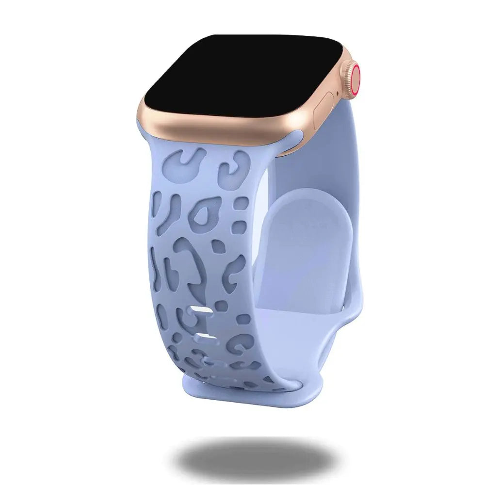 Engraved leopard's paws silicon band for Apple Watch, designed for comfort and style, featuring a unique blue pattern.