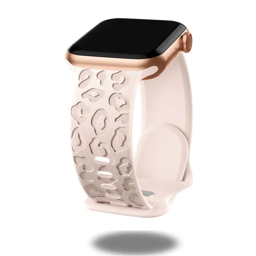 Engraved leopard's paws silicon band for Apple Watch, stylish and comfortable wrist accessory.
