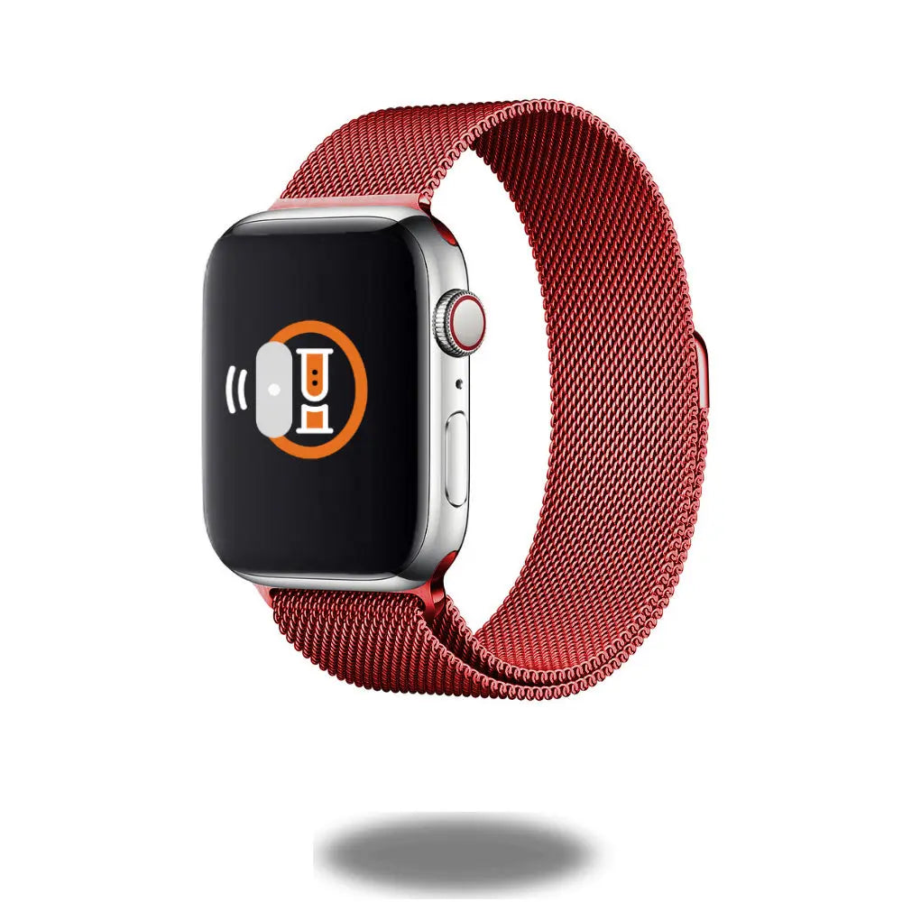 Elegant red metal mesh loop watch band, modern design with adjustable magnetic fit for style and comfort.