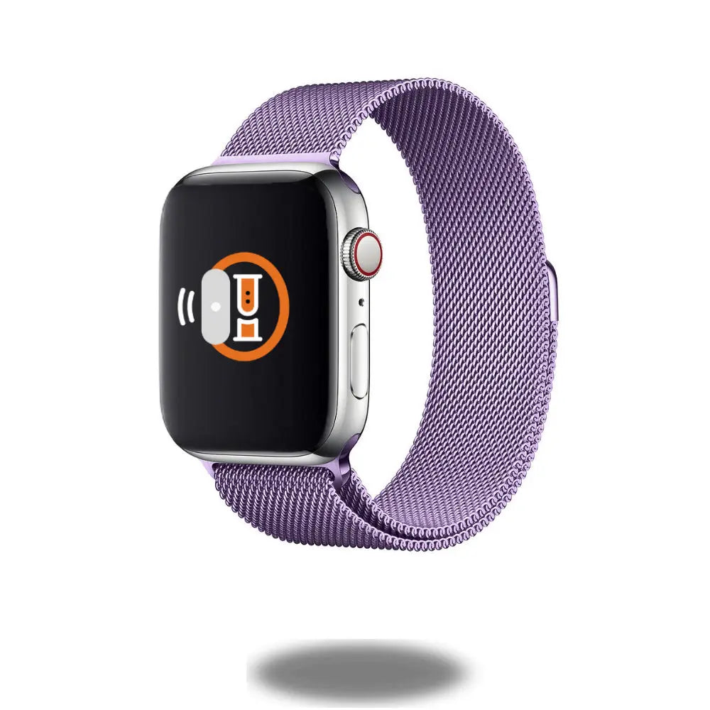 Modern metal mesh loop band in purple for smartwatch, inspired by Milan design, fully adjustable for a perfect fit.
