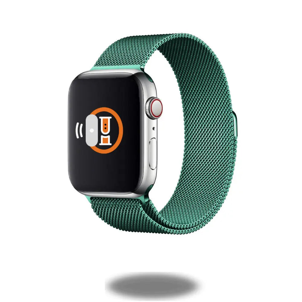 Metal Mesh Loop in green on smartwatch, showcasing a sleek design and modern style that adapts perfectly to any wrist.