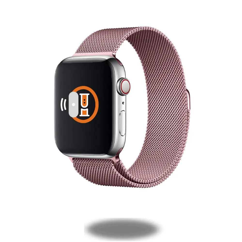 Metal mesh loop in rose gold, showcasing a modern Milanese design on smartwatch, offering a stylish and adjustable fit.