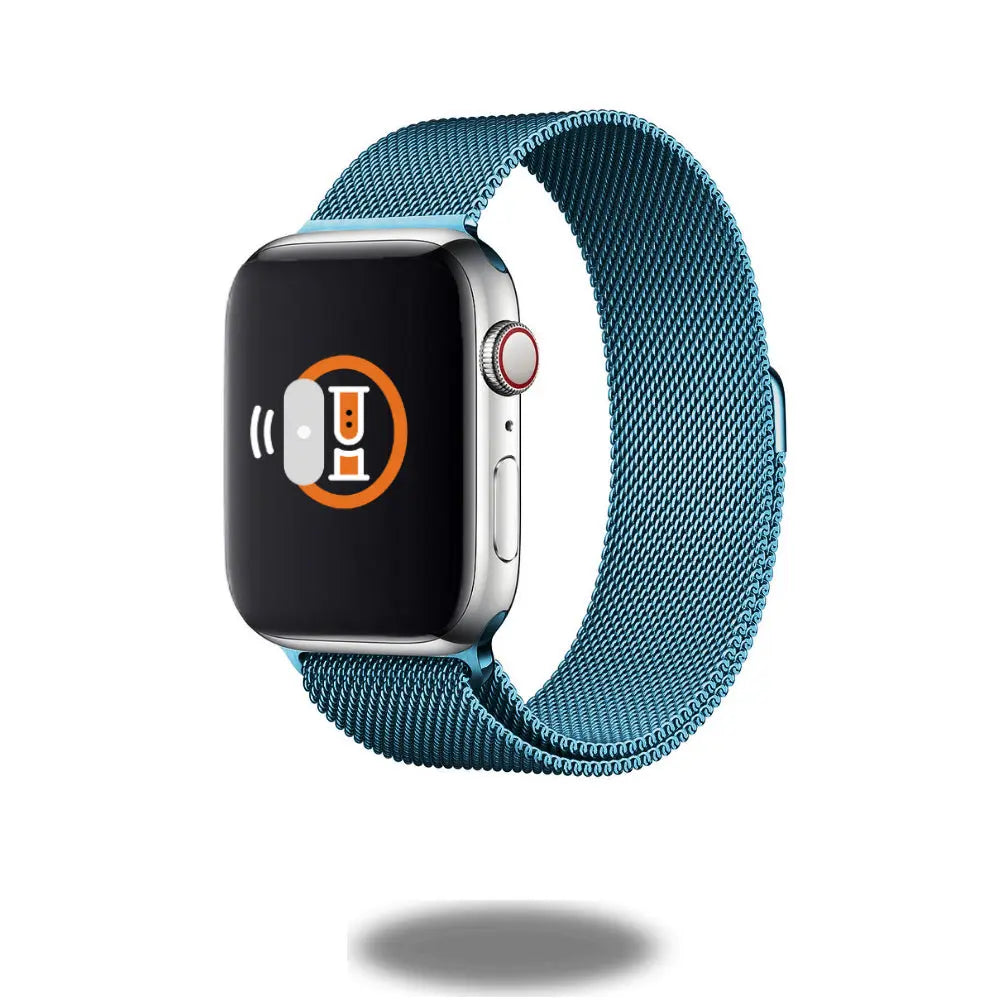 Metal Mesh Loop smartwatch band in blue, showcasing smooth stainless steel and fully magnetic for adjustable fit.