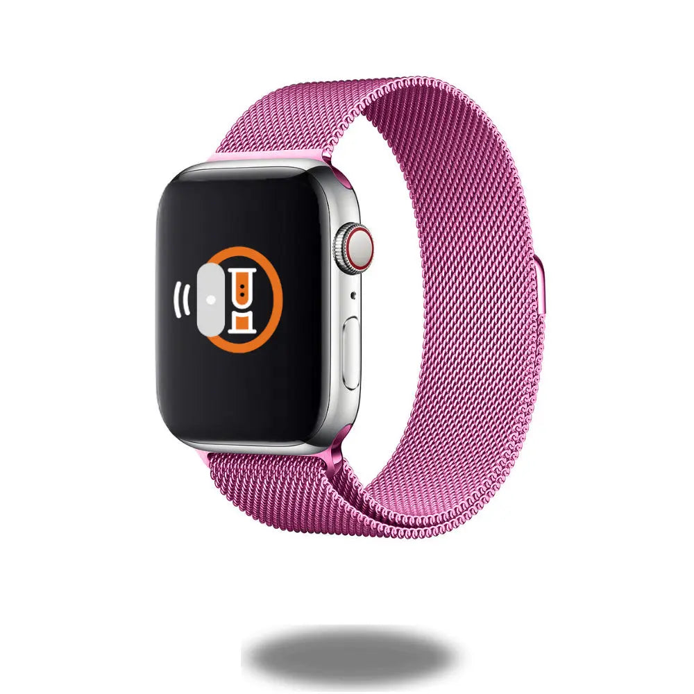 Metal mesh loop wristband in pink, modern adjustable design for style and comfort, compatible with smartwatches.
